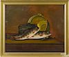 American oil on artist board still life of trout, ca. 1900, with a brass pot and carrots