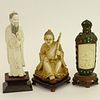 Vintage Chinese Three (3) Piece Ivory Lot. Includes 2 carved figurines, a metal mounted carved snuff bottle.
