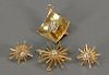 14K gold four piece lot including two earrings and two pendants, each mounted with small diamond, 13.9 grams.