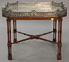 Coffee table with silverplate tray on fitted base with glass insert in tray. ht. 21", top: 18" x 24"
