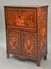 Marquetry inlaid drop front desk with inlaid interior, ht. 47", wd. 35", dp. 17".