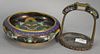 Two Oriental Cloisonne pieces including a dragon bowl and a stirrup