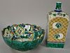 Two Famille Verte pieces including bowl and square bottle.