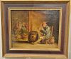 19th century oil on canvas interior scene with man smoking pipe