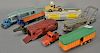 Six Dinky Supertoys trucks to include car transporter, tractor with trailer, horse van, Foden, Boilot Petola, and semi-remorque Frue...