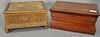 Two lift top boxes including burl/birdseye sewing box and a French canvas wrapped box with bun feet