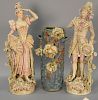 Pair of Royal Dux Bohemia porcelain figures, Maiden and a man (as is) and a Teplitz urn flower vase (as is)