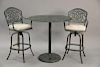 Outdoor metal tall table with umbrella and two swivel armchairs. ht. 41", dia. 42"
