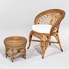 Wicker Rolled Armchair and Circular Ottoman