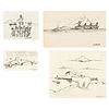Group of Four Inuit Drawings: Children Playing + Fishing A Whale + Hunting A Seal, 1973 + Polar Bear Watches Sun Rise, 1973