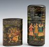 Two Russian Hand-Painted Black Lacquer Oval Cylind