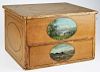19th c Vermont paint decorated 1 drawer storage box with scenes of Lake Champlain & Charlotte villag