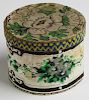 early 19th c miniature wallpapered box with lid, dia 3.5” ht 3”
