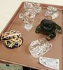 TRAY CRYSTAL FIGURINES LALIQUE GREEN FROG (CHIP ON FOOT) BACCARAT FROG (TINY CHIP) ART FRANCE FROG, WATERFORD FROG ROYAL WORCHESTER FROG