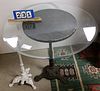 CAST IRON BASE GLASS TOP TABLE AND 31 1/2"H X 33" DIAM AND SM CAST IRON BASE 26"H
