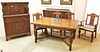 JACOBEAN STYLE OAK DINING SET-REFECTORY TABLE W/4 CHAIRS, SIDEBOARD & CHINA CABINET
