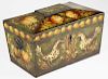 Peter Ompir paint decorated tea box with 2 chickens, 12” x 6” x 7”