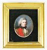early 19th c English miniature portrait on board of red-coated gentleman w/ wig, oval 3.25” x 2.5”