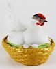Staffordshire bisque pottery hen on nest covered dish 7.5" x 9" -chip on interior rim