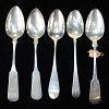 coin silver serving spoons. Hallmarked. 5 pcs.