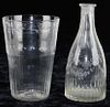 blown clear glass ribbed and etched Stiegel type flip glass tumbler and mallet form decanter 6.25" 7