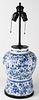 19th c Chinese blue & white jar/ lamp, rim & base chips, blue character marks on base, holed for lam