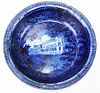 large historical deep blue Staffordshire bowl with transfer dec figures and grand public building an