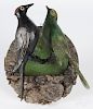 Large carved and painted song bird wall mount with a tree bark support, 16'' h.