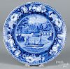 Historical blue Staffordshire plate depicting the Dam and Water Works Philadelphia, 10'' dia.