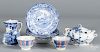 Six blue Staffordshire Togo bowls, together with a pitcher, a covered sauce tureen