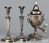 Sheffield plate hot water urn, 19th c., 14'' h., together with a pair of candlesticks, 12'' h.