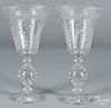 Pair of etched glass vases, probably Pairpoint, 12'' h.
