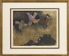 Gracielo Rodo Boulanger, signed lithograph of birds flying over a village, 17 1/4" x 21 1/4".