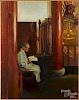 Nancy Adler (American 20th/21st c.), oil on board of a Chinese man reading, 30'' x 23 3/4''.
