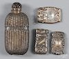 Three sterling silver vesta match safes, together with a silver wrapped flask.