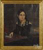 American oil on canvas portrait of a young woman, mid 19th c., housed in a Badura frame, 30'' x 25''.