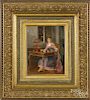 Oil on panel interior scene with a young woman and a parakeet, signed Collin 1881, 9 1/4'' x 7 1/2''