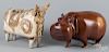 Carved mahogany hippo, 15 1/2'' l., together with a pottery bull, 12'' l.