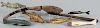 Six carved and painted fish decoys, mid 20th c., two wind line winders, longest - 7 1/2''.
