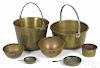 Brass and copper items, to include cookware, buckets, etc.