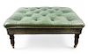 A Victorian Button-Tufted Stamped Green Leather Upholstered Bench Height 16 x width 32 1/2 x depth 38 1/2 inches.