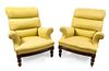 A Pair of Yellow and Green Upholstered Mahogany Club Chairs Height 32 inches.