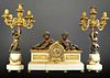 19th C. Figural Bronze And White Marble Clock Set With Pair of Candelabras