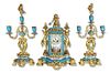 19th C. Sevres Porcelain & Bronze Jewelled Clockset