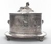 An Egyptian Revival Silver-plate Table Casket, Mappin & Webb, London, oval, with a sphinx finial.