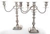 * A Pair of English Silver-plate Three-Light Candelabra, , the baluster form stems supporting two scrolling branches.