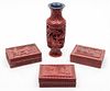 A Group of Four Cinnabar Lacquer Articles Height of tallest 10 inches.