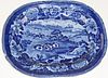 Deep Blue Staffordshire porcelain platter with transfer dec English fox hunt scene and bird dec bord
