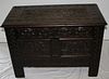 17th c style carved cedar chest marked C.H. Allen Fecit 1914. From Salem. 38"w x 27"h x 19"d.