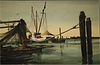 Rockport School sea scape of fishing boats in Harbor signed Lang 59 watercolor 21 x 29
